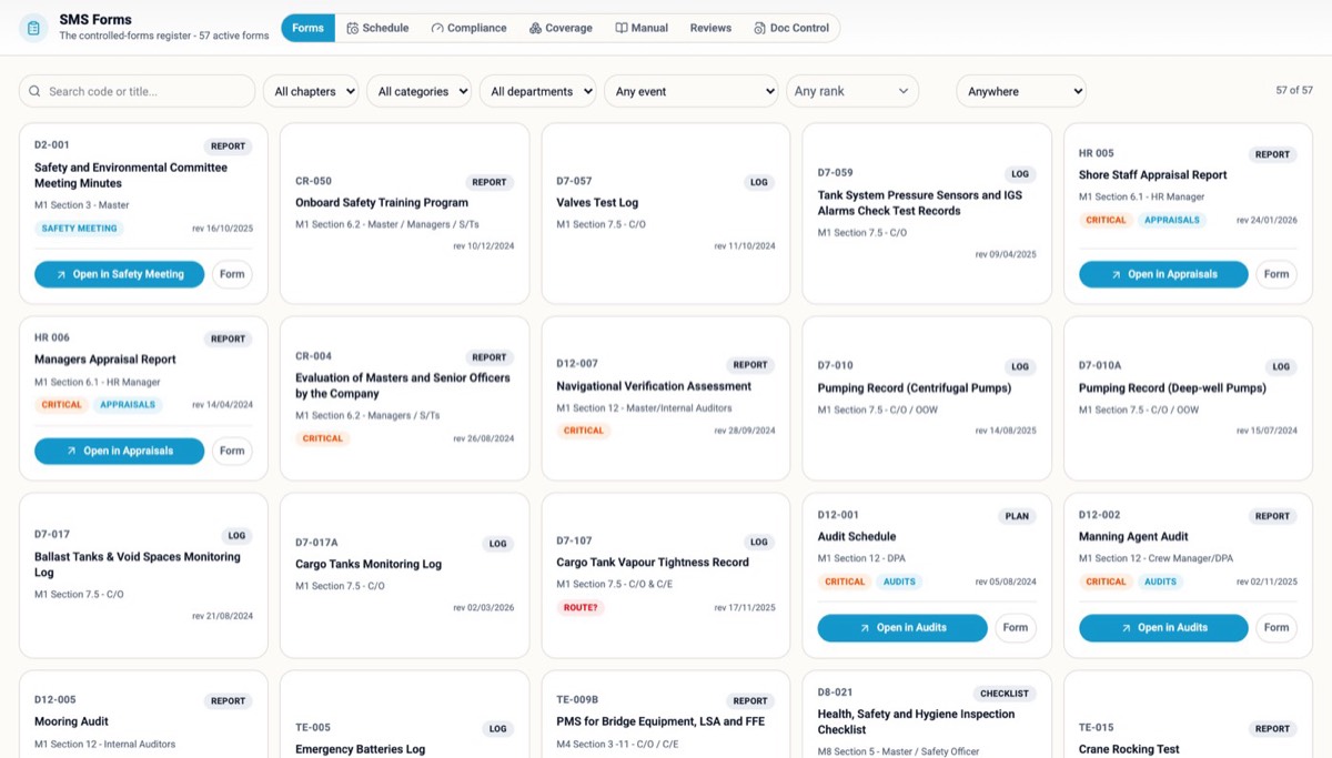 SMS Forms — the controlled-forms register, every form interactive, opened in its module or as a form.