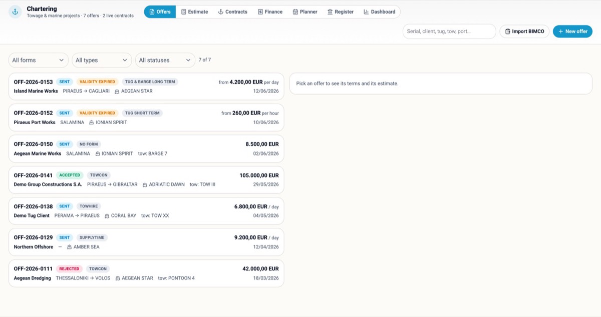 Chartering — towage and marine-project offers on the BIMCO forms, live contracts and the planner.